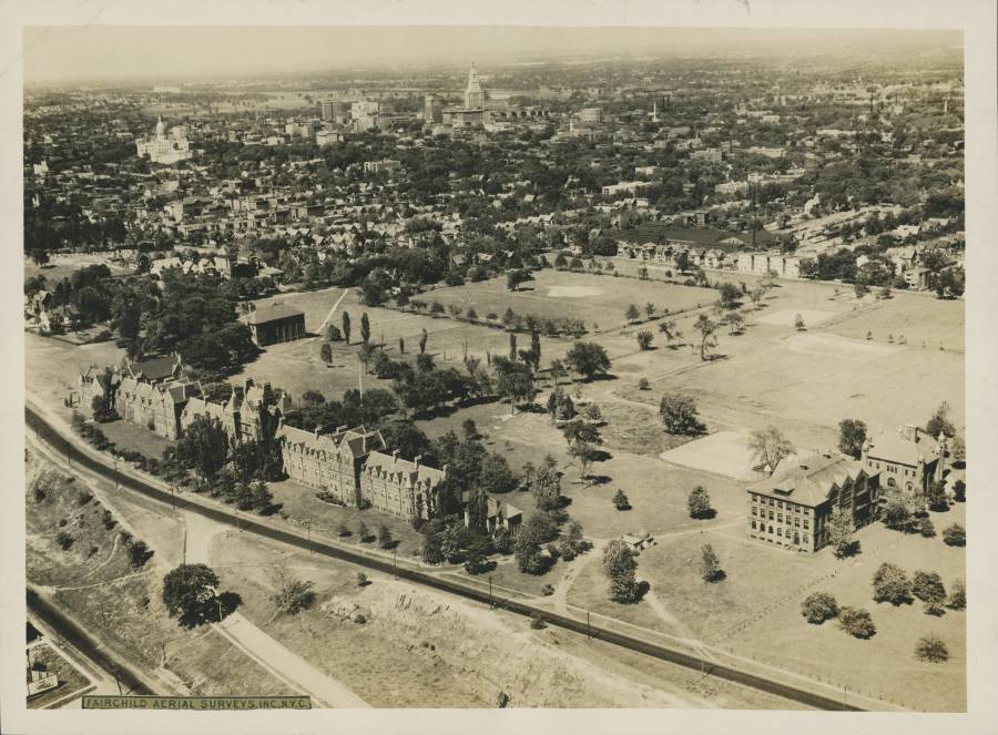 Title: Trinity College Summit Campus, Early aerial view from the southwest;...