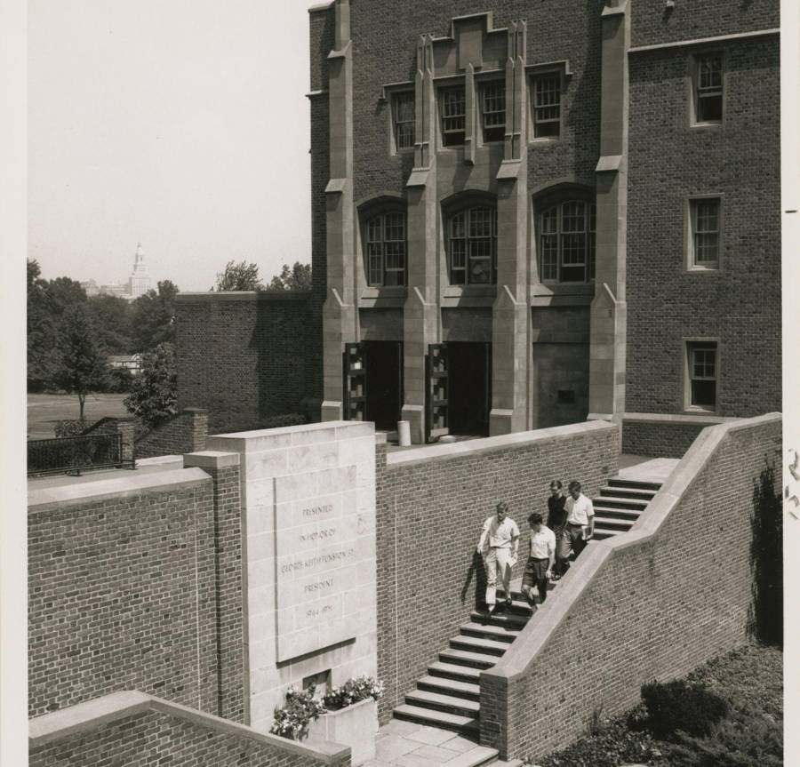 Title: Plaque honoring George Keith Funston '32 (President, 1944-1951) near
steps to Trinity College Library (Hartford, Connecticut); Image ID:...