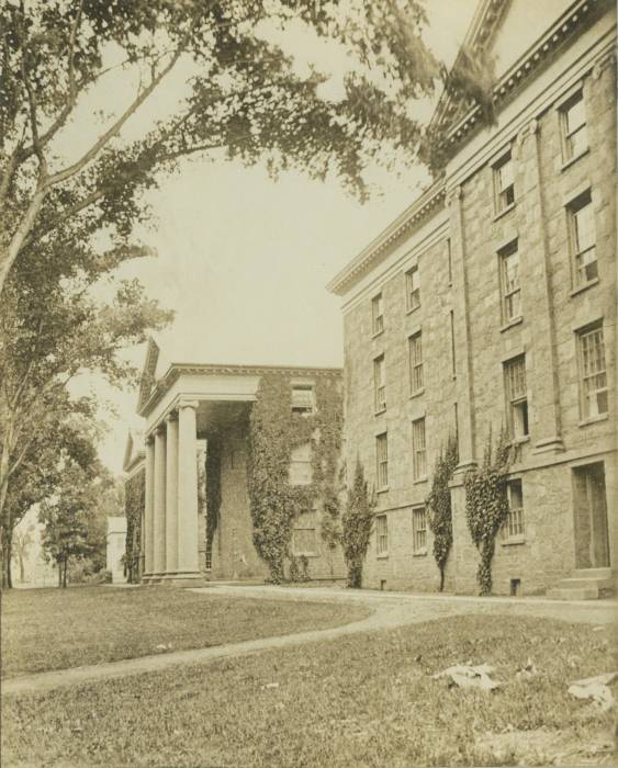 Title: Trinity College Old Campus, View from northeast of Jarvis Hall
(1825-1878), Seabury Hall (1825-1878) and Brownell Hall (1845-ca.1877) [note on
photo: No. 18 of set of stereo views of Hartford published by J.W. and J.L....