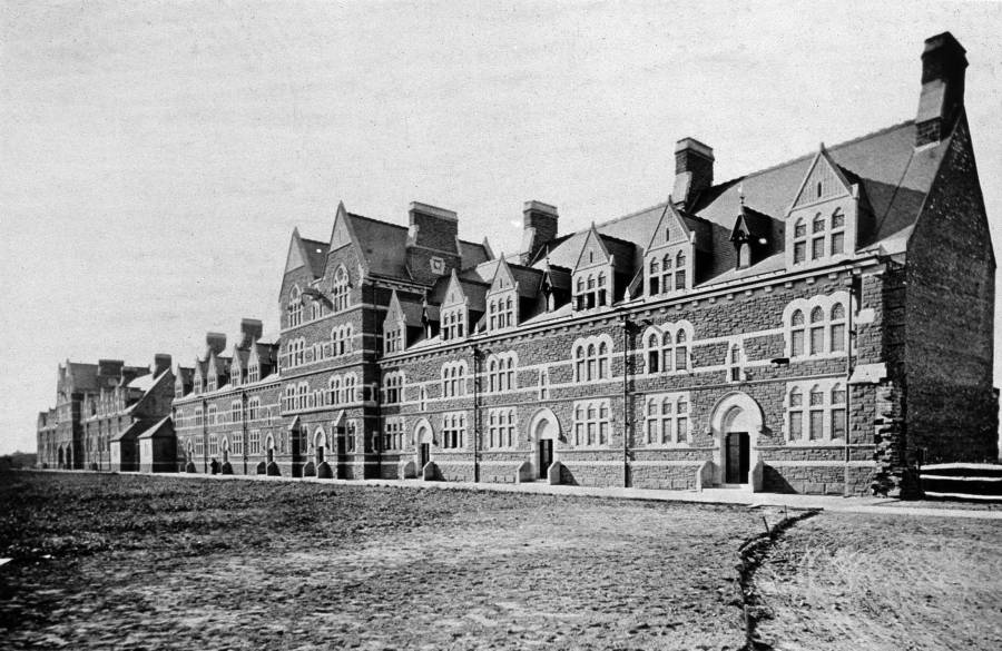 Title: Long Walk, Trinity College (Hartford, CT): (L-R) Seabury and Jarvis Halls...