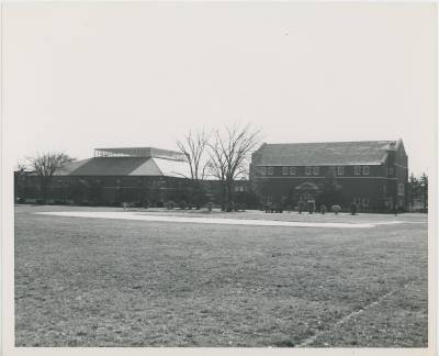 The [[memorial_field_house|Memorial Field House]] (left) and Trowbridge Pool/Squash Facility (right), ca. 1950. Photo Credit: Trinity Archives.